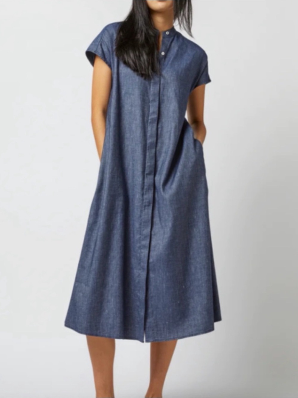 Ann Mashburn Button Down Linen Midi Dress Indigo Blue Shirtdress